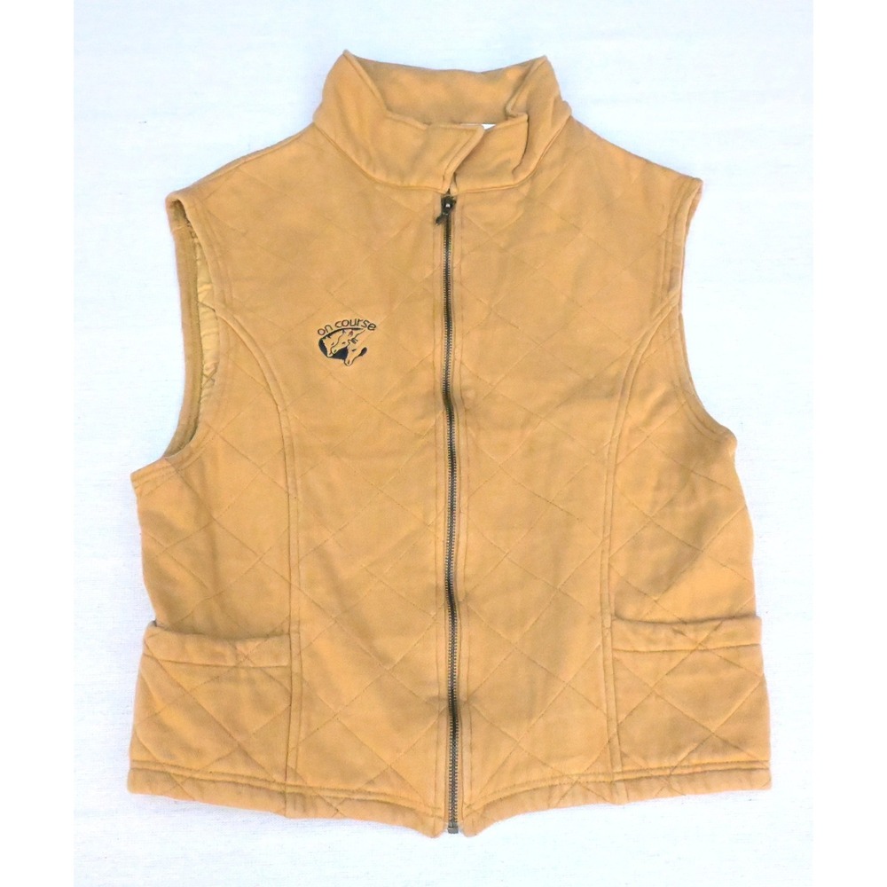 On Course Vintage 90s Size XL 100% Cotton Quilted Vest Tan Equestrian Full Zip